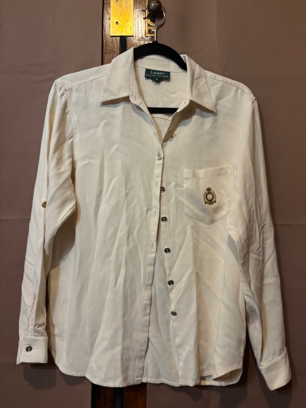 VTG Ralph Lauren Silk Crest Blouse Cream Off-White Anchor Crown Roll SZ 8 Rare